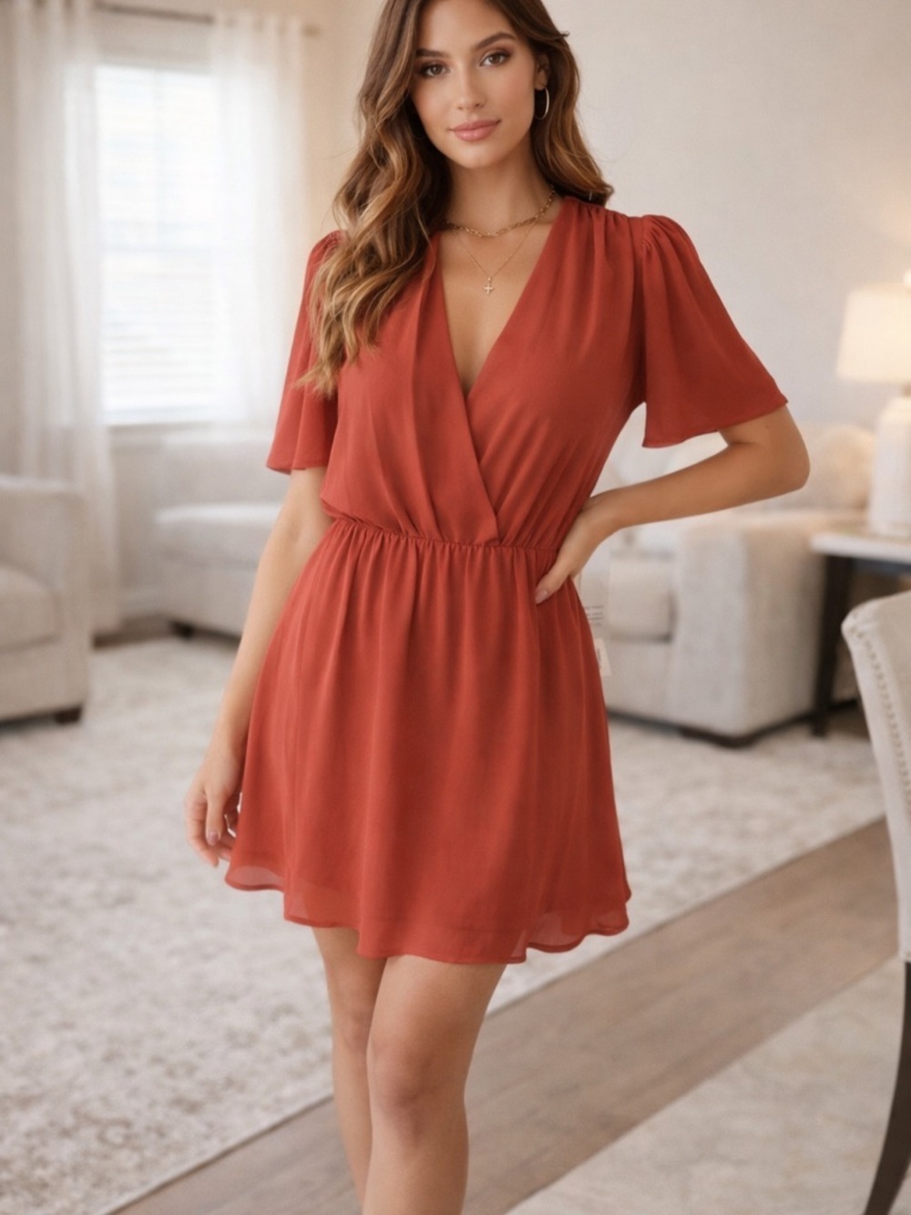 If By Sea (Sold at Anthropologie) NWT Rust Orange Surplice Flutter Sleeve Mini
